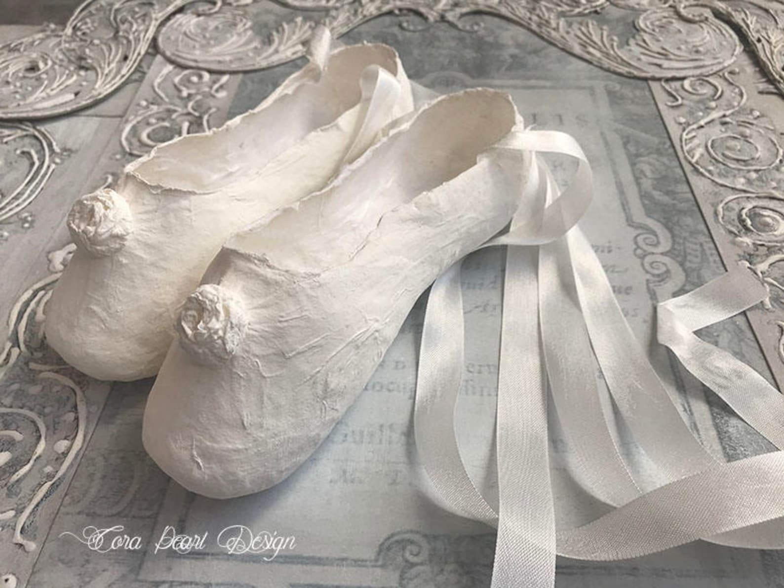 antique white paper ballet shoes , white pointe shoes , decorative shoes , nursery decor - children's bedroom decor - paper