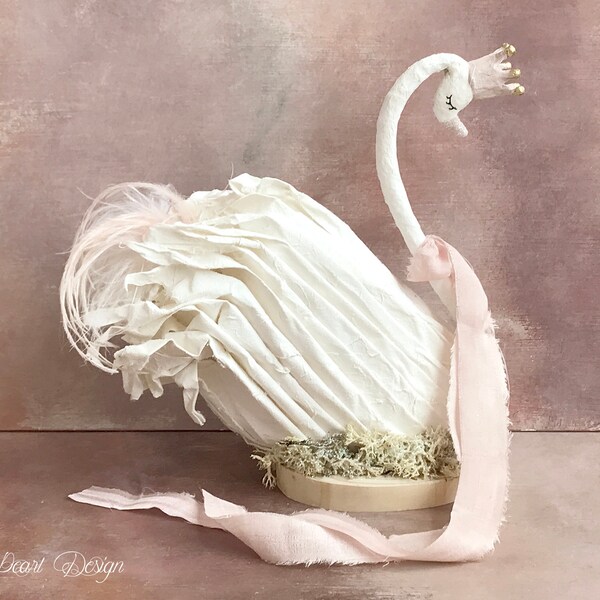 Fairytale Paper Swan with pink crown and silk on wood base and moss , Swan Cake Topper , Nursery Decor , Children's Room Decor, Party Decor