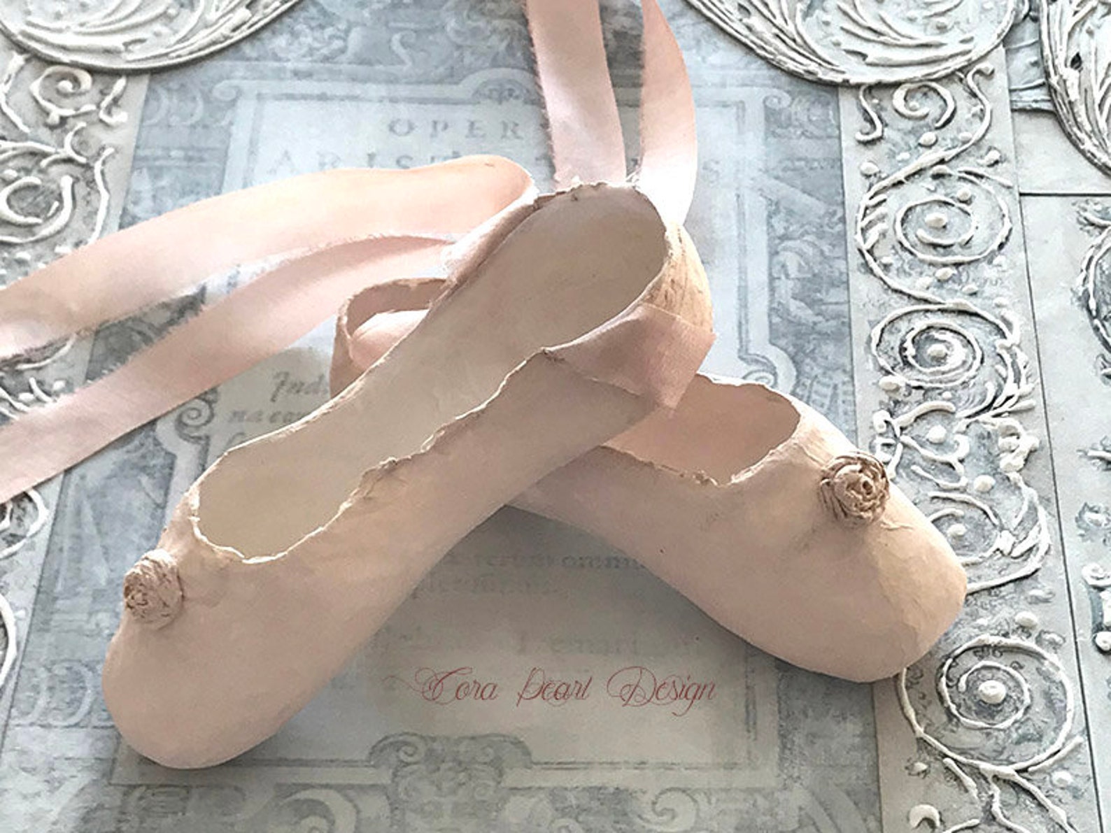 pink paper ballet shoes with pure silk ribbons - pink paper pointe shoes , decorative shoes - nursery decor - paper sculpture -