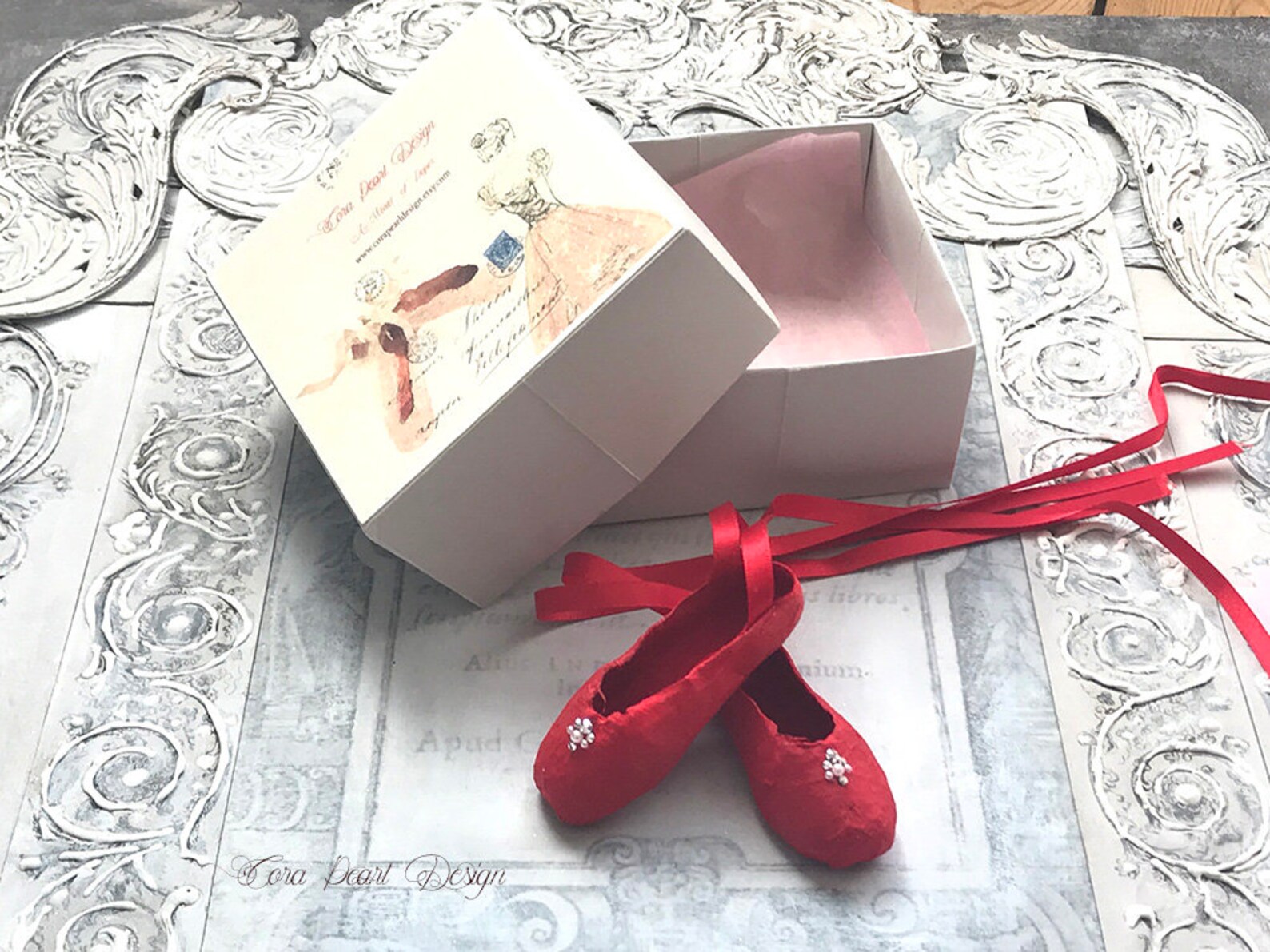 red paper miniature ballet shoes with swarovski and gift box - red paper pointe shoes - ballet ornaments , ballet christmas tree red paper miniature ballet shoes with swarovski and gift box - red paper pointe shoes - ballet ornaments , ballet christmas tree