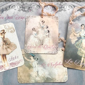 Étiquettes cadeau vintage ballerine pailletée avec rubans froissés - 4 grandes étiquettes shabby chic - papeterie danseuse de ballet, étiquettes ballerine vintage