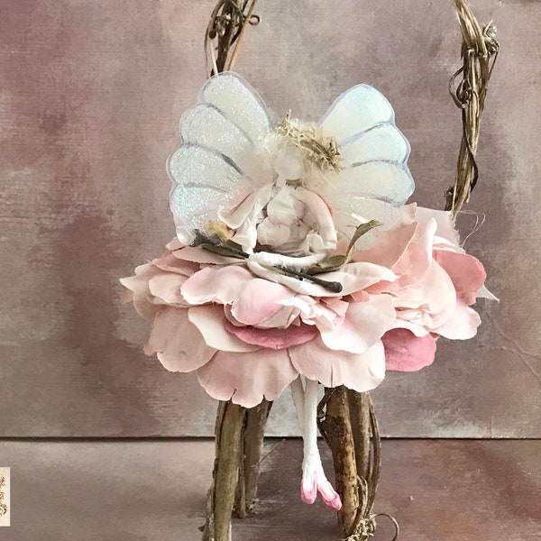 Flower Fairy Doll with Rose Petal Tutu and Glitter Wings , Pink Fairy Art Doll , Faery Garden Accessories , Children's room decor ,