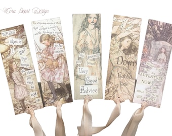5 Alice in Wonderland Glitter Bookmarks , Children's Bookmarks , Alice Scrapbook Junk Journal Tags , Fairy Quotes , Fairytale Art,