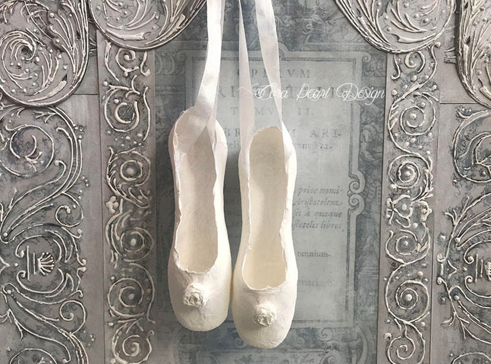 antique white paper ballet shoes , white pointe shoes , decorative shoes , nursery decor - children's bedroom decor - paper