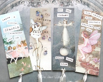 4 Glitter Fairy Bookmarks with pure silk ribbons , Children's Bookmarks, Fairytale Tags , Fairytale Favors ,  Fairy favor Tags