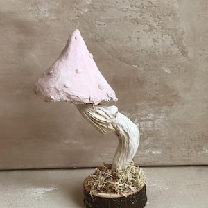 Fairytale Mushroom Paper Sculpture on wood base and natural moss , Pink Mushroom Decor , Christmas Decoration , Autumn Toadstool Ornament