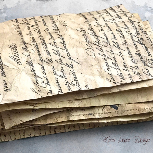 A5 tea dyed crinkled Antique French Manuscript 8 Pages - Junk Journal - Grunge Paper - Scrapbooking French Ephemera - Vintage Paper Stack