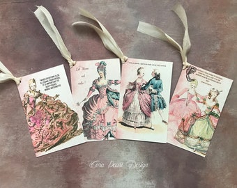Marie Antoinette Large Glitter Gift Tags with pure silk ribbons - 4 Marie Junk Journal Tags - Scrapbooking tags , French favor tags