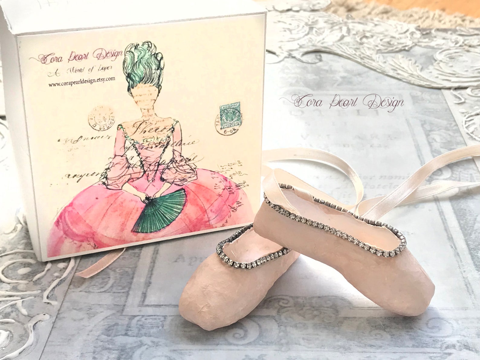 limited edition miniature pink paper pointe shoes with vintage rhinestones in marie antoinette gift box - paper ballet shoes - b