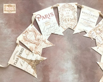 French Paris Shabby Chic Vintage Style Bunting Flag garland , Neutral home decor,  French Mantle Garland, French Cottage Style Decor