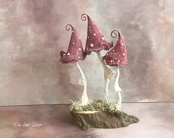 Fairytale Mushroom Red Paper Sculpture on wood base and natural moss , Autumn Thanksgiving toadstool ornament , Fall Decor , Cottagecore