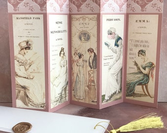 Jane Austen Concertina Greeting Card with Vellum envelope wax seal and gold tassel  - Birthday Card  - Fine Art Cards - Jane Austen Quotes