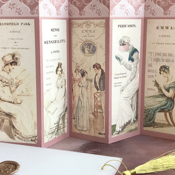 Jane Austen Concertina-Grußkarte mit Pergamentumschlag, Wachssiegel und goldener Quaste – Geburtstagskarte – Kunstkarten – Jane Austen-Zitate