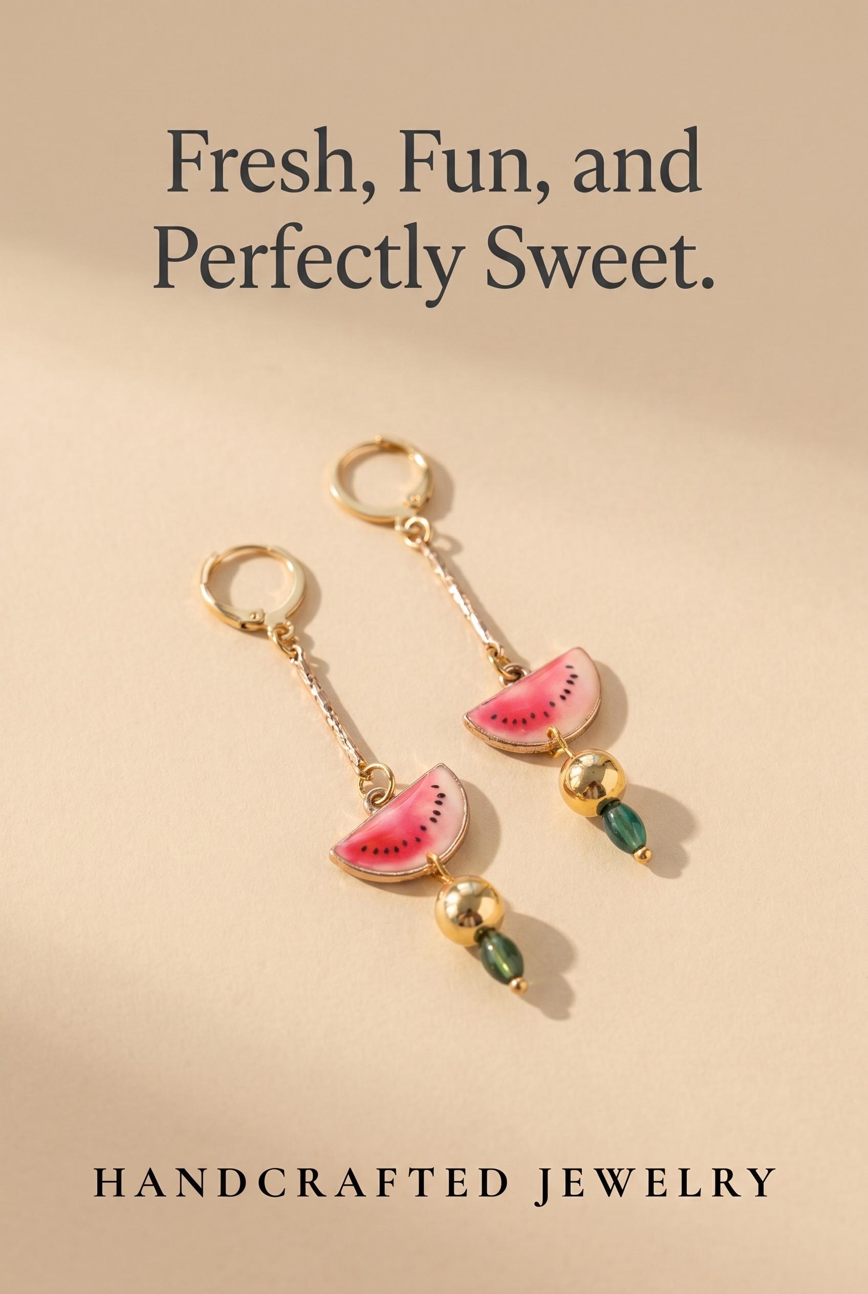 Handmade Watermelon Slice Dangle Earrings, Gold Fruit Jewelry, Summer Boho Drop Style — view 4