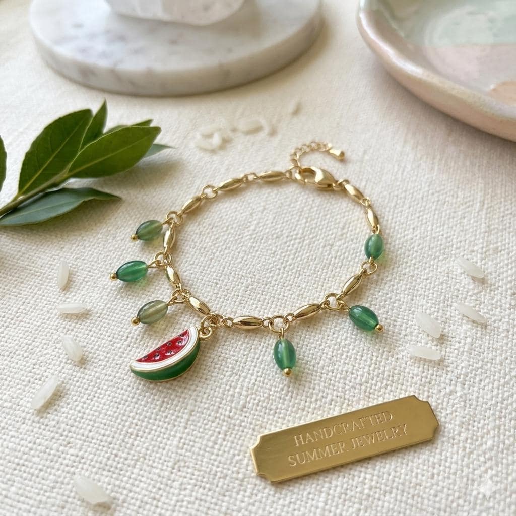 Dainty Watermelon Charm Bracelet – Green Onyx Tropical Handwear