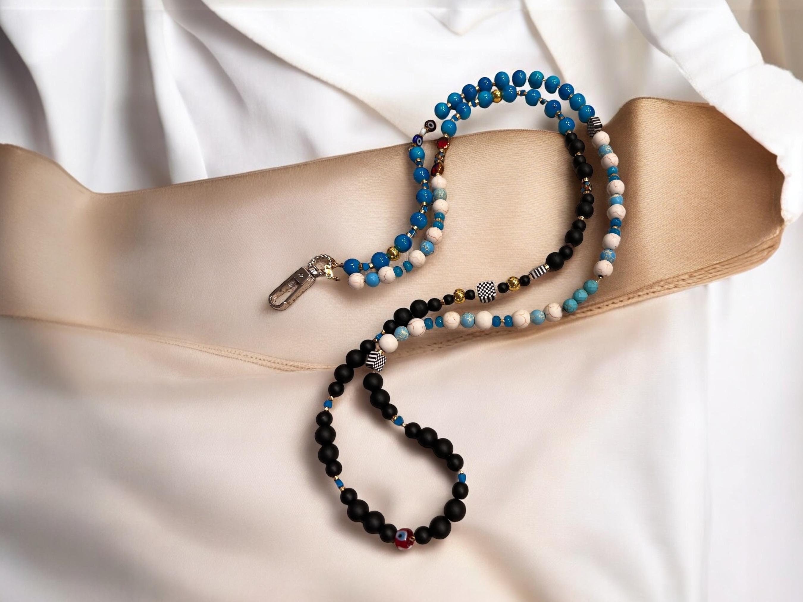 Boho Beaded Phone Lanyard | Turquoise & Black, Evil Eye Charm