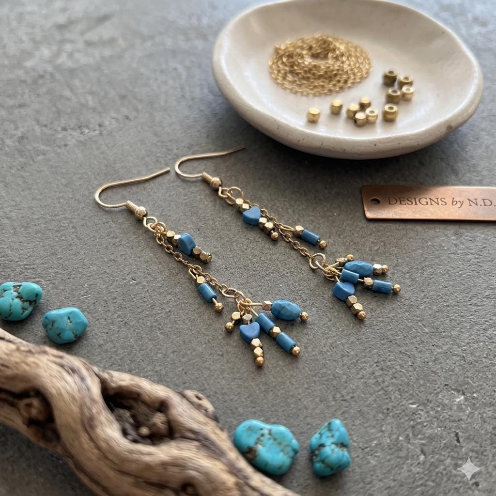 Blue and Gold Dangle Earrings, Delicate Chain Summer Boho Bead Earrings — view 3