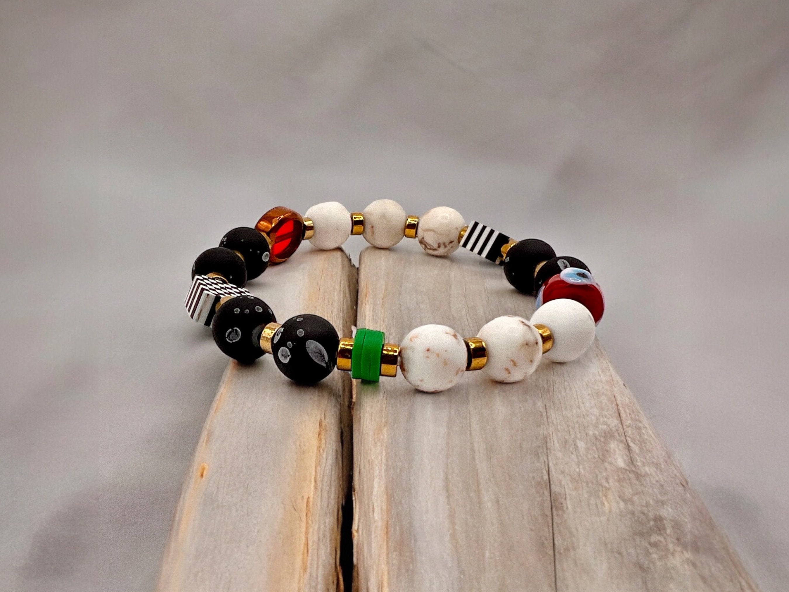 Evil Eye Stretch Bracelet- Custom Onyx Bead Palestinian Keffiyeh Jewelry — view 4
