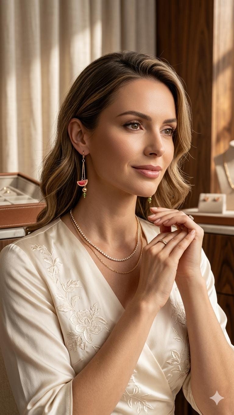 Handmade Watermelon Slice Dangle Earrings, Gold Fruit Jewelry, Summer Boho Drop Style — view 3