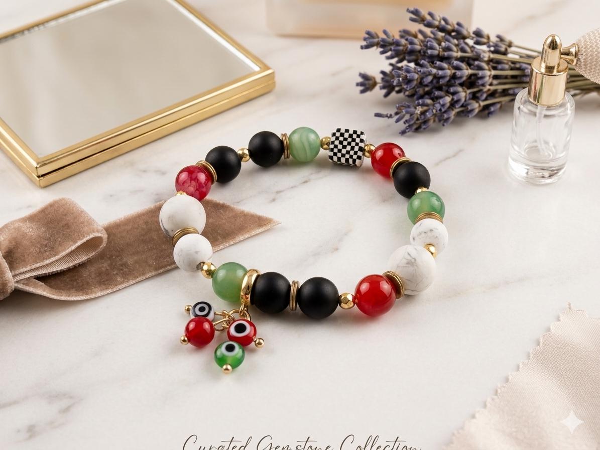 Palestinian Keffiyeh Evil Eye Charm Stretch Bracelet — view 5