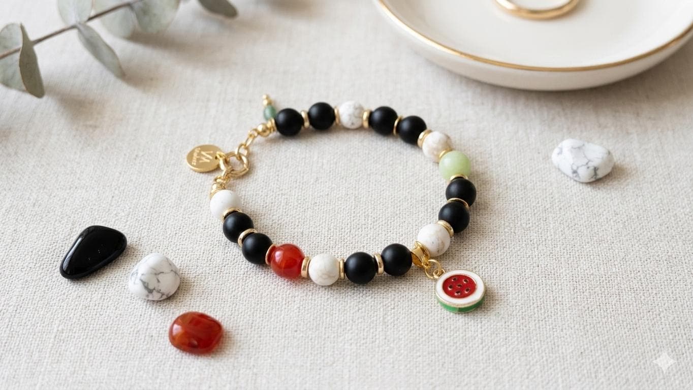Palestine Beaded Bracelet with Watermelon Charm, Palestine Flag Colored Adjustable Jewelry
