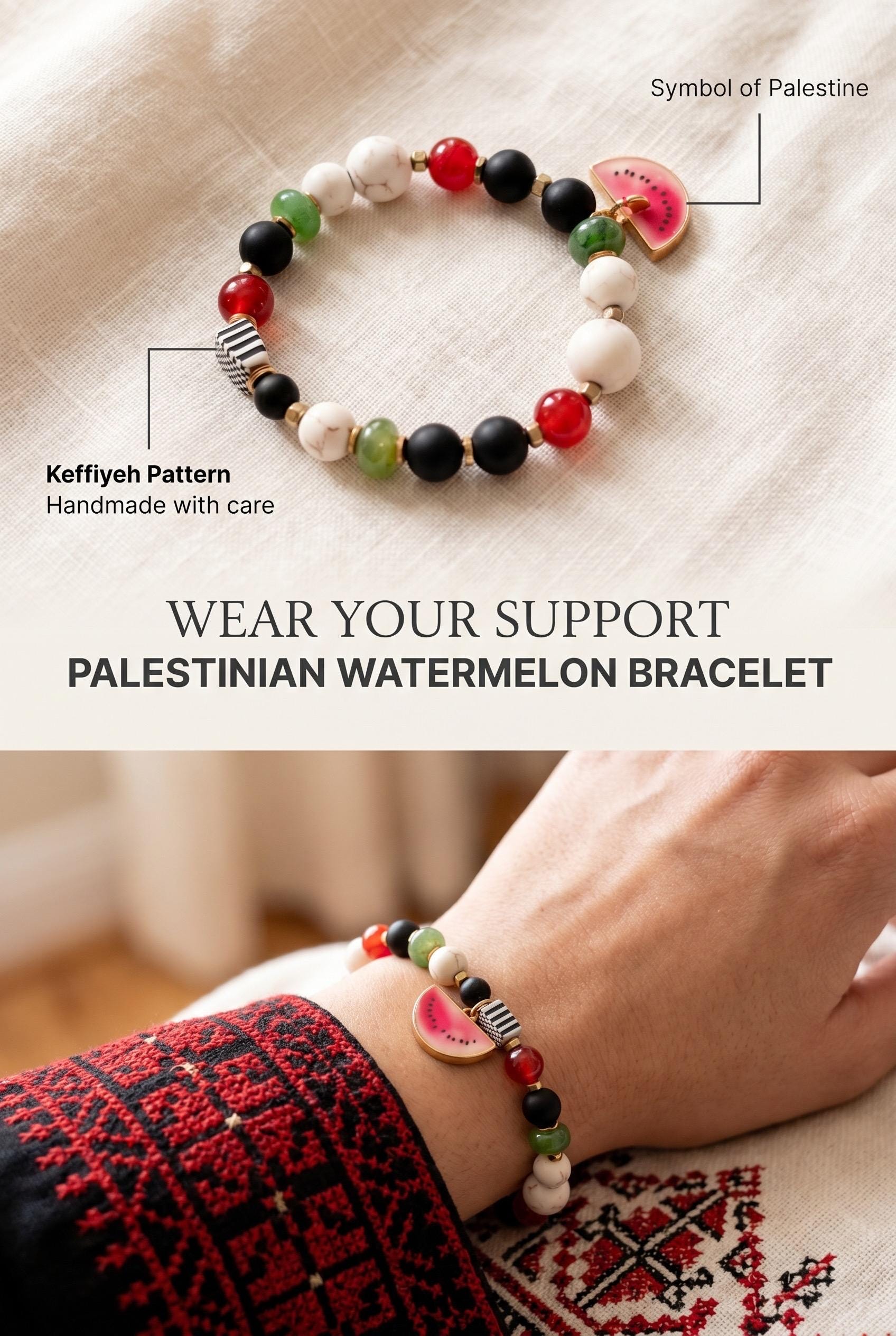 Palestinian Watermelon Charm Keffiyeh Stretch Bracelet — view 5