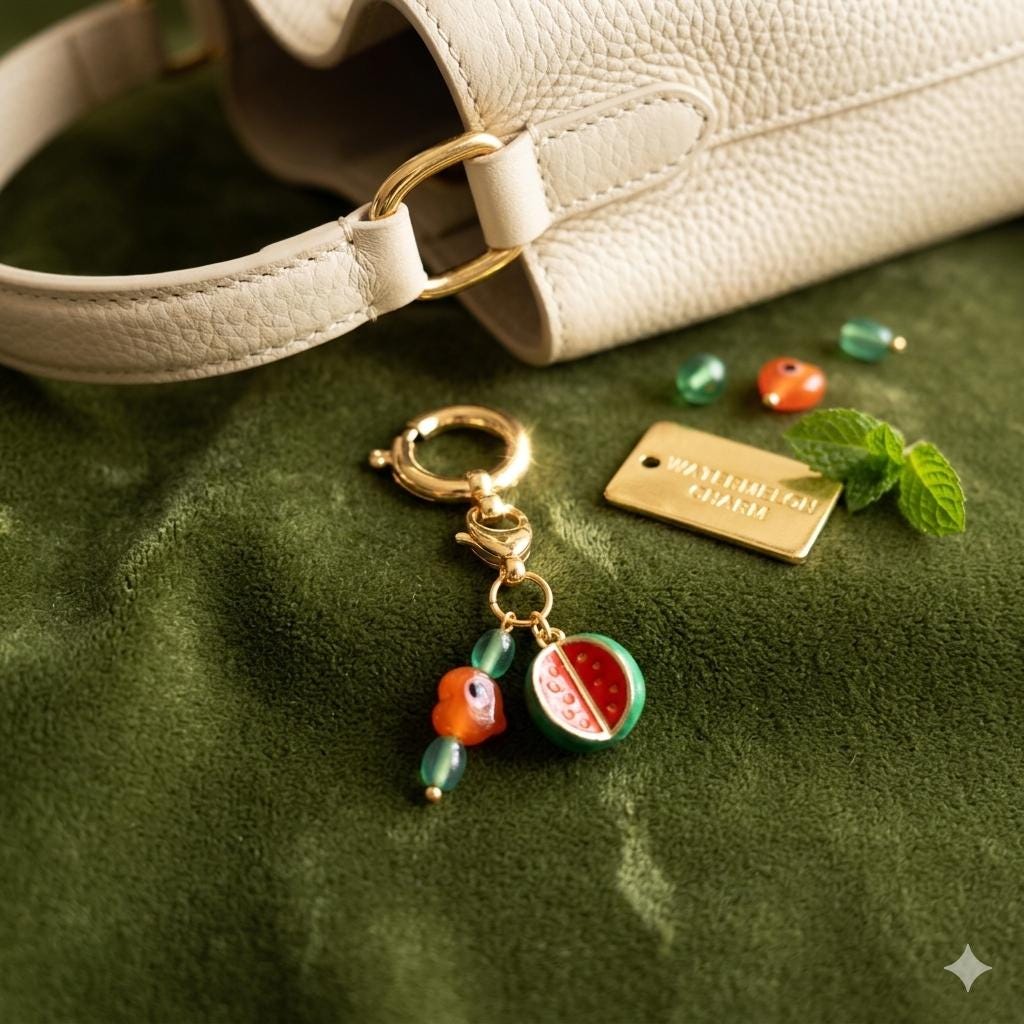 Watermelon Purse Charm Keychain, Beaded Handbag Accessory, Summer Fruit Bag Charm — view 3