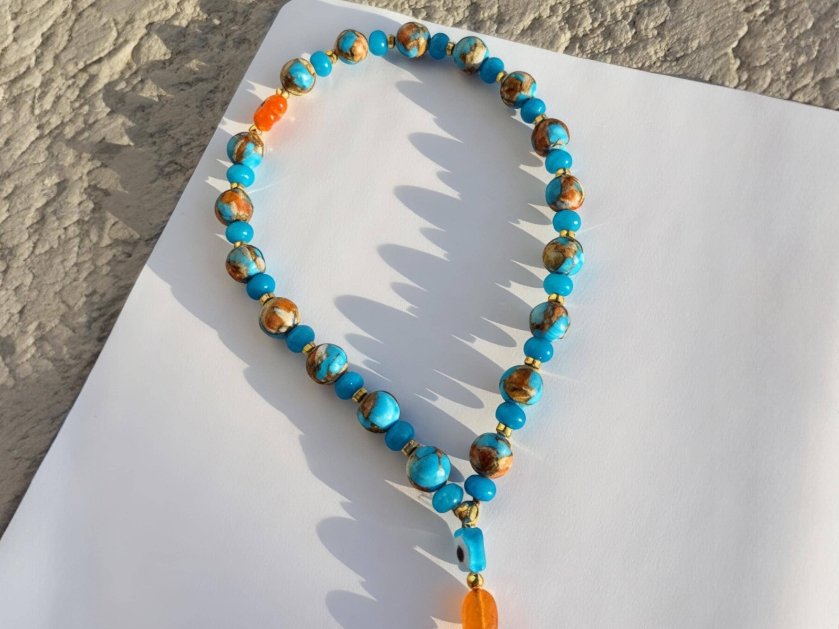 Handmade Turquoise Masbaha – Spiny Oyster & Orange Jade Islamic Prayer Beads — view 5