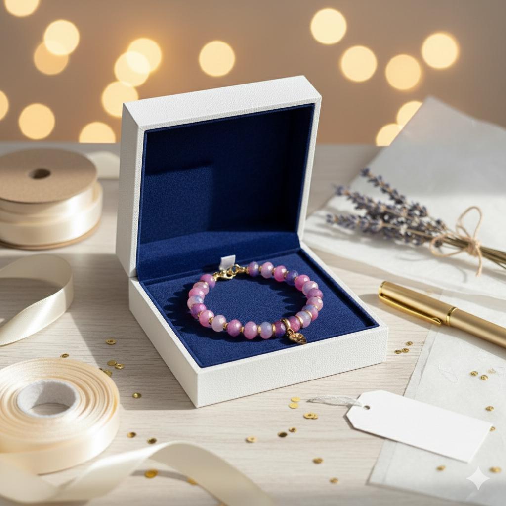 Faceted Pink Purple Jasper Bracelet, Gold Hematite Accents, Heart Charm, Boho Style — view 5