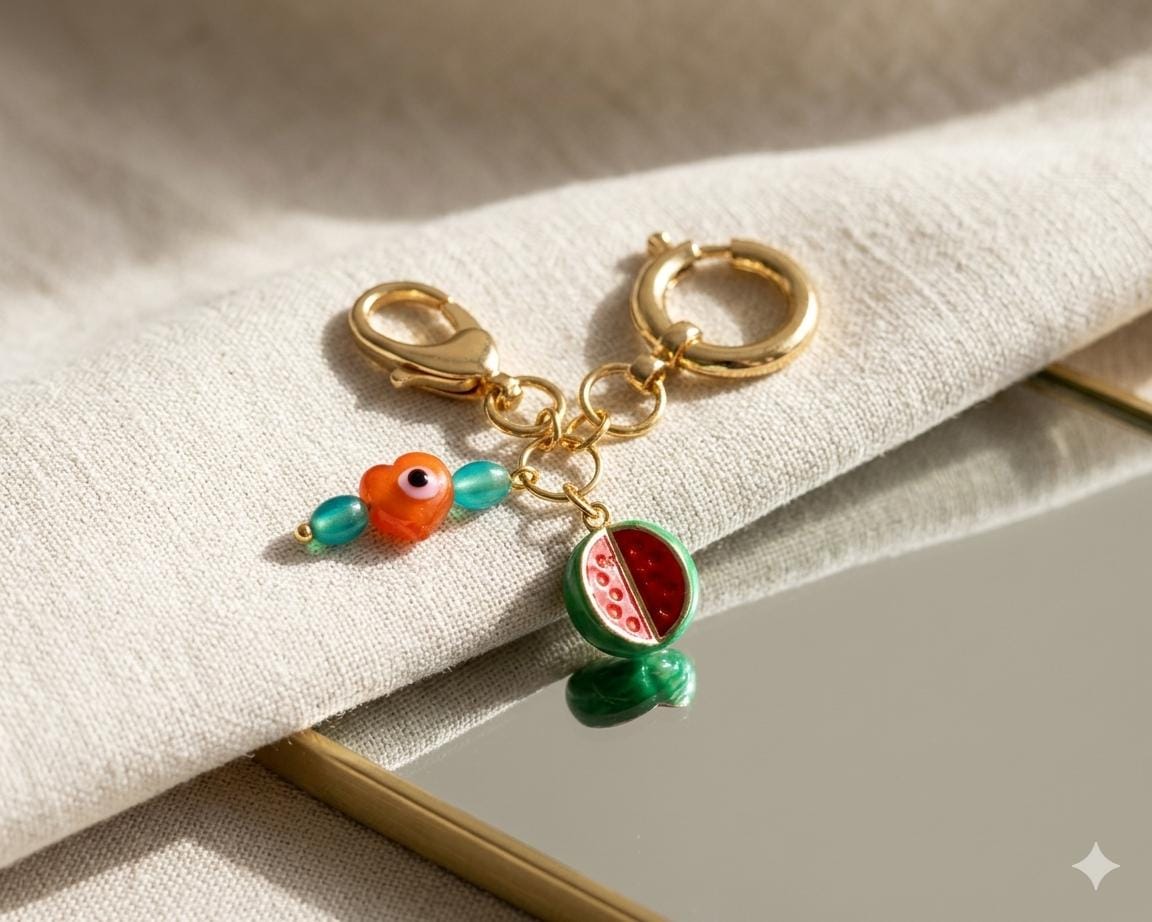 Watermelon Purse Charm Keychain, Beaded Handbag Accessory, Summer Fruit Bag Charm — view 4