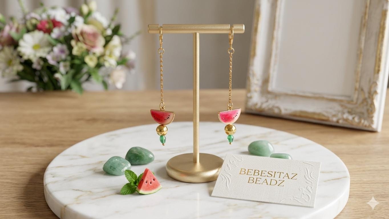 Handmade Watermelon Slice Dangle Earrings, Gold Fruit Jewelry, Summer Boho Drop Style
