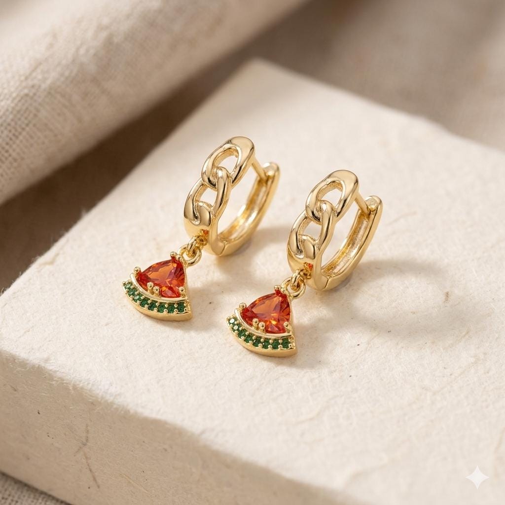 14k Gold-plated Chain Hoop Earrings with Dainty Sparkling Cz Watermelon Dangle Charm — view 5