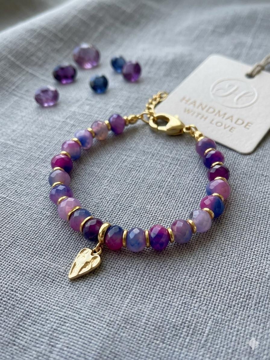 Faceted Pink Purple Jasper Bracelet, Gold Hematite Accents, Heart Charm, Boho Style