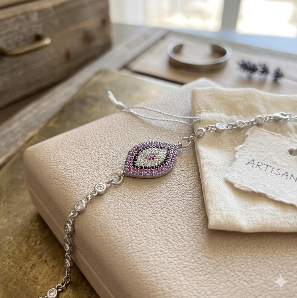 14k Rhodium Plated and Bezel Cubic Zirconia Chain Bracelet with Pave Evil Eye Pendant — view 3