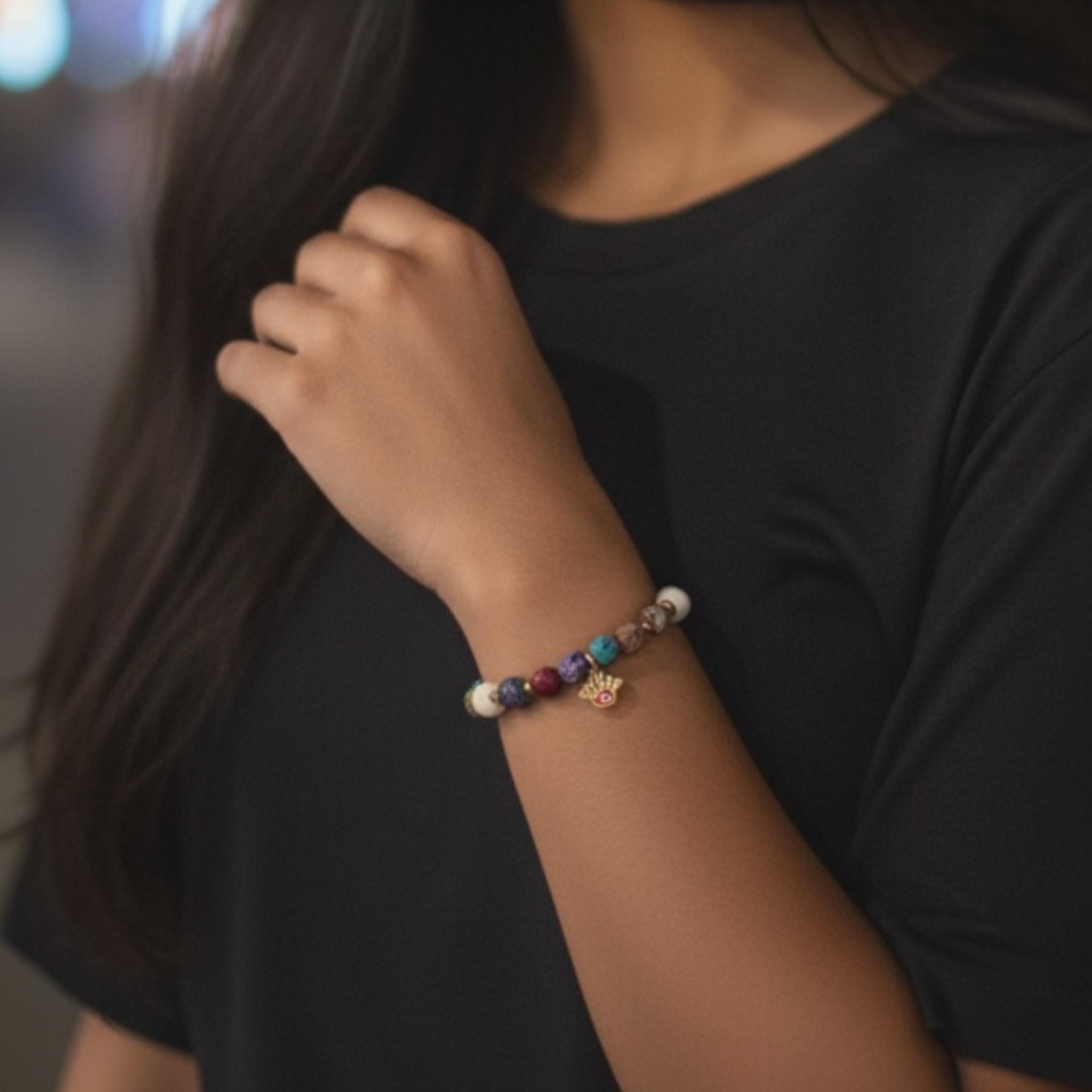 Handmade Evil Eye Charm Gemstone Adjustable Bracelet — view 3