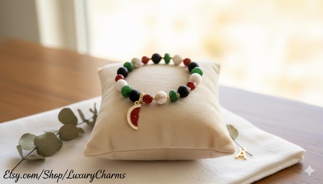 Handmade Palestinian Solidarity Bracelet, Watermelon Charm, Cultural Beaded Jewelry — view 3