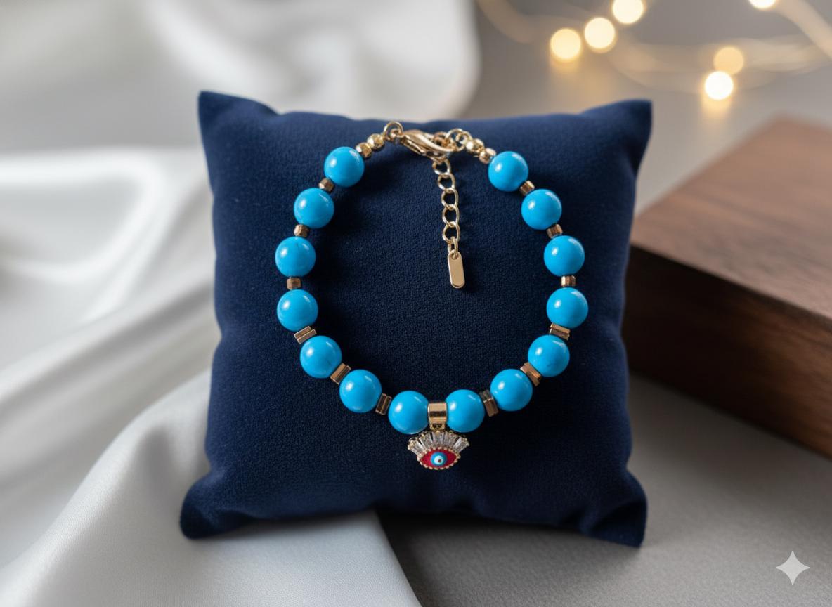 Handmade Turquoise Bead Bracelet with Evil Eye CZ Charm, Protection Jewelry — view 3