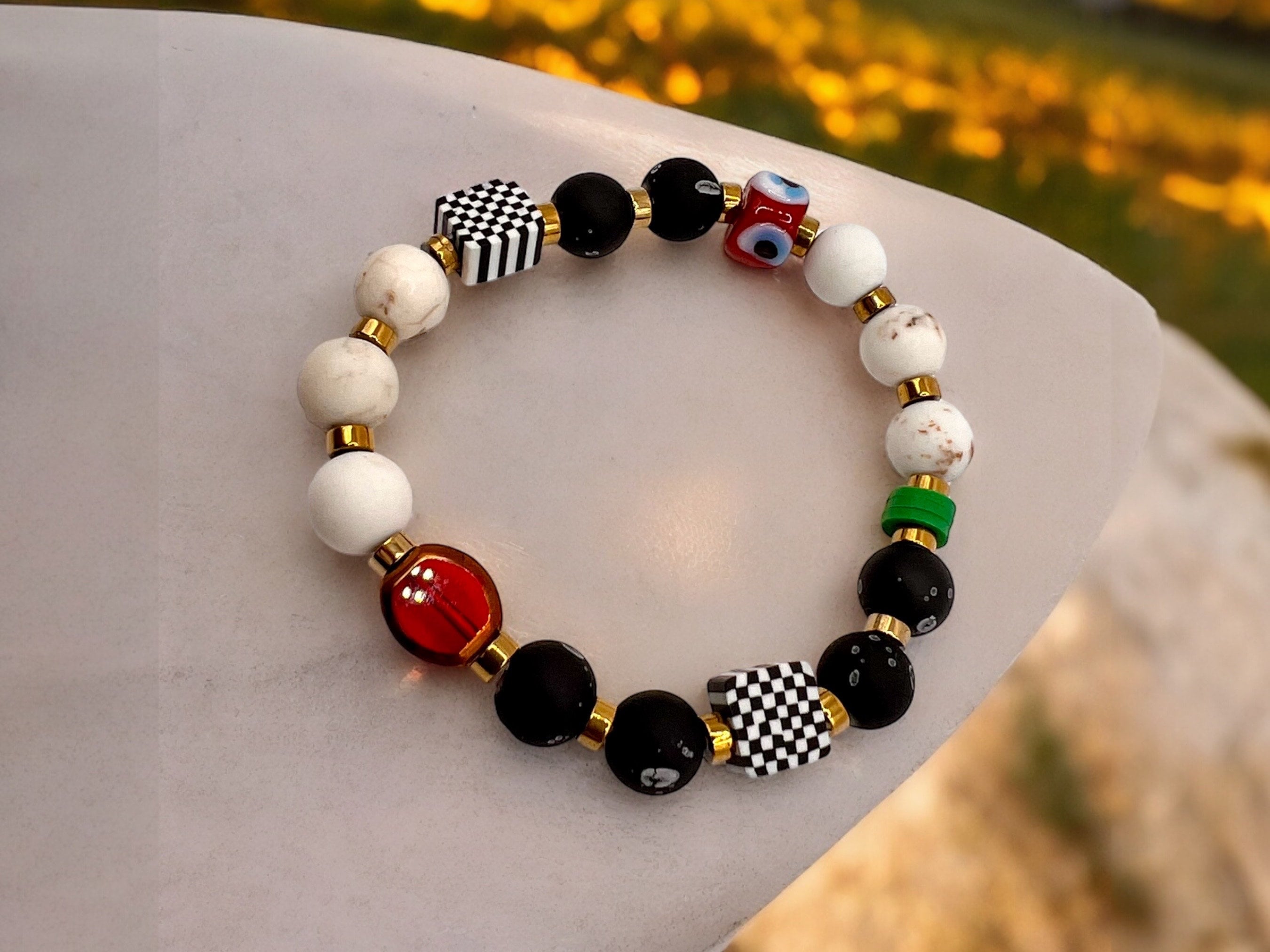Evil Eye Stretch Bracelet- Custom Onyx Bead Palestinian Keffiyeh Jewelry