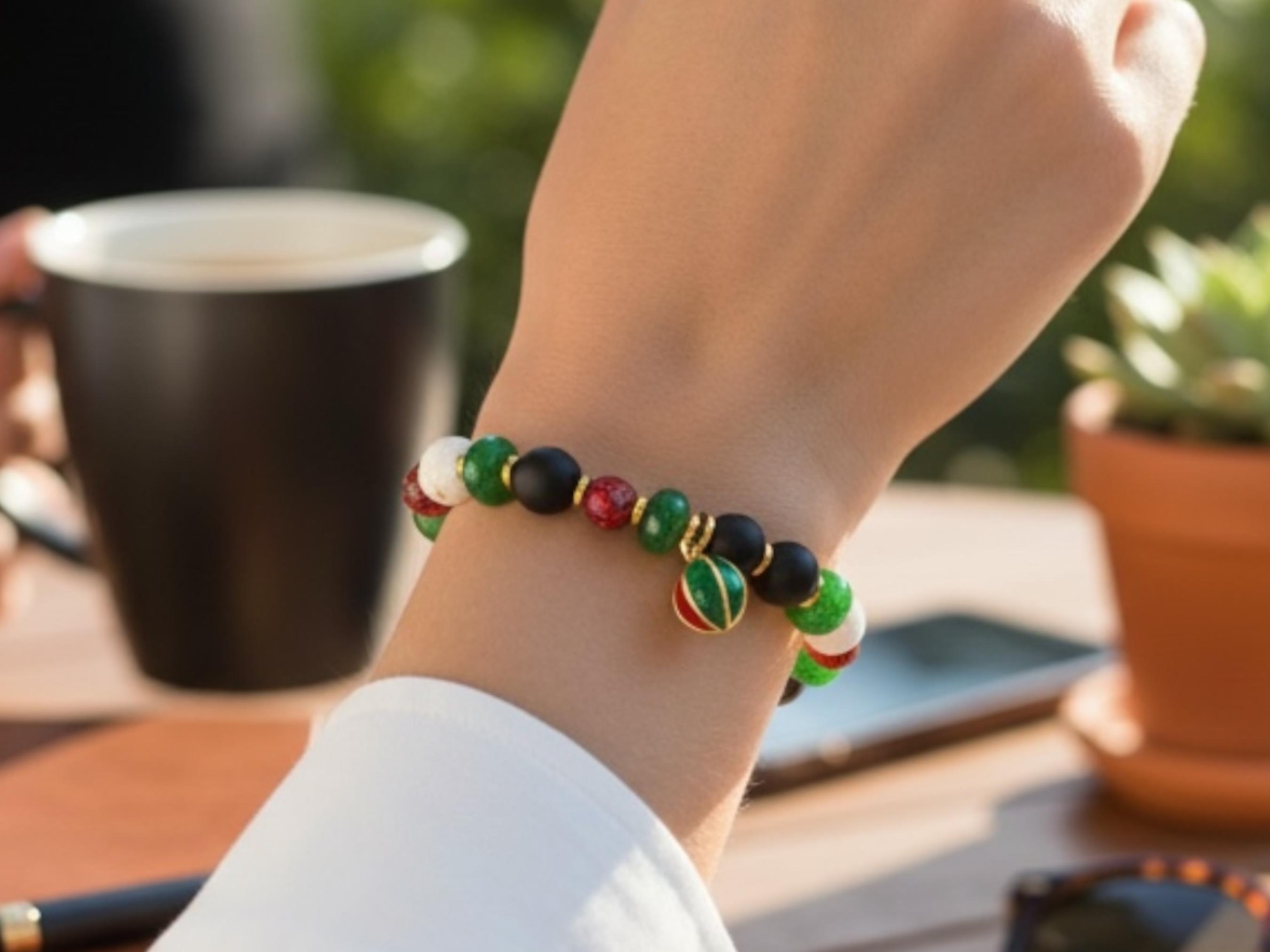 Handmade Palestinian Solidarity Bracelet with Watermelon Dangle Charm- Cultural Beaded Jewelry — view 4