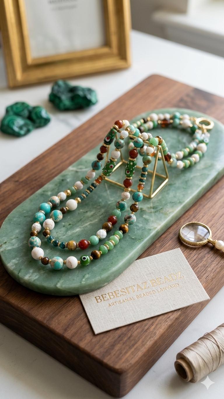 Beaded Gemstone Lanyard Crossbody Necklace for Phone | ID | Badge