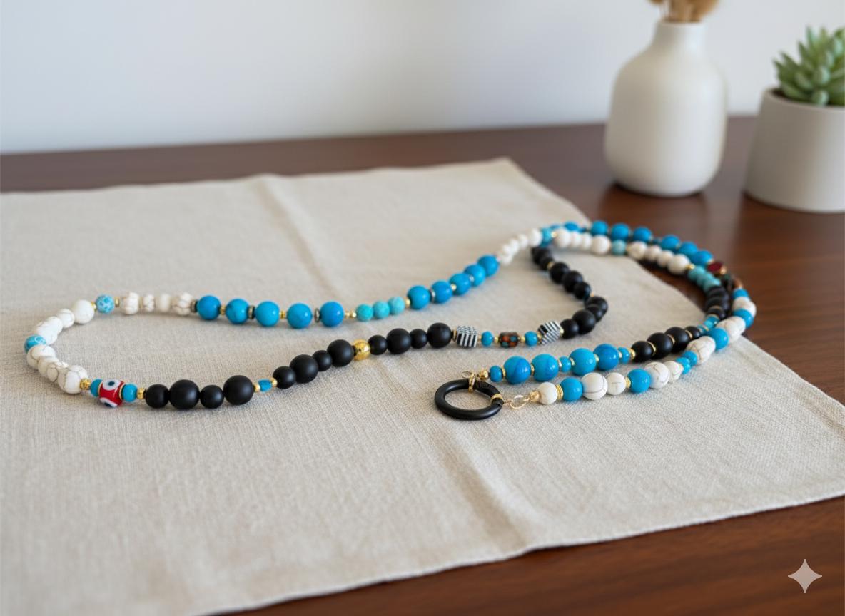 Boho Beaded Phone Lanyard | Turquoise & Black, Evil Eye Charm — view 4