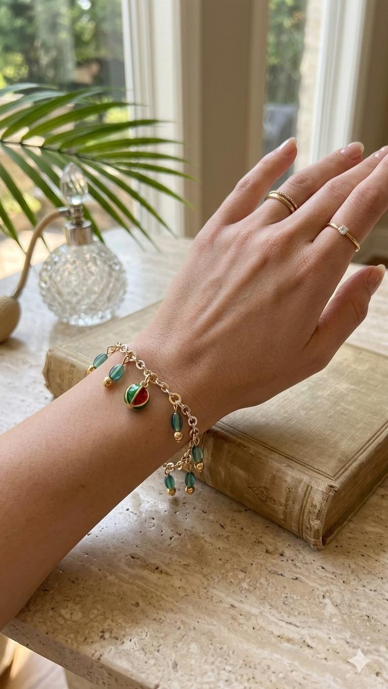 Shiny 14K Gold Plated Oval Rolo Chain with Dangle Watermelon Charm Bracelet Handwear
