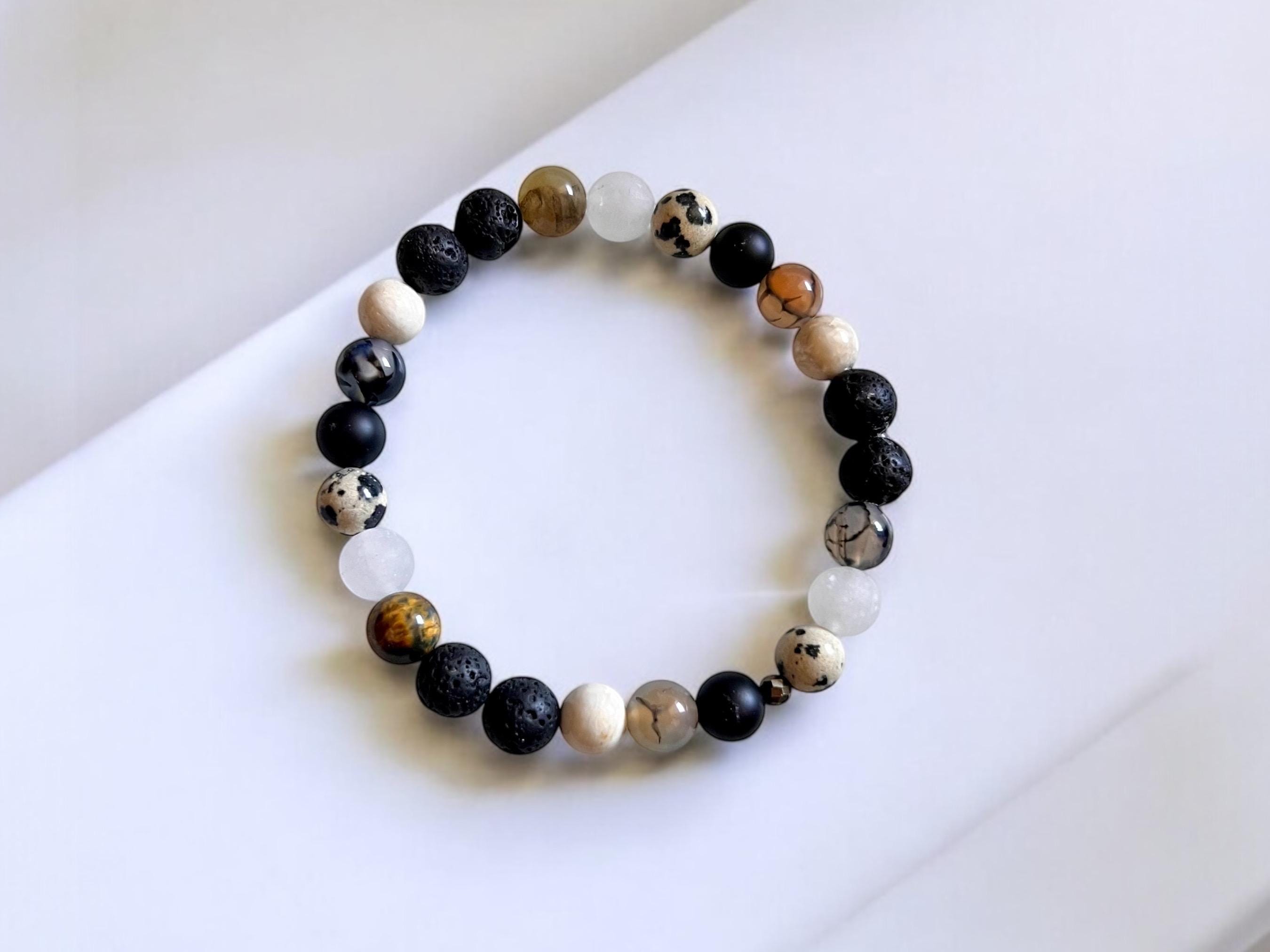 Handmade Gemstone Bracelet: Tiger Eye, Onyx, Lava Stone, Jadeite, Agate