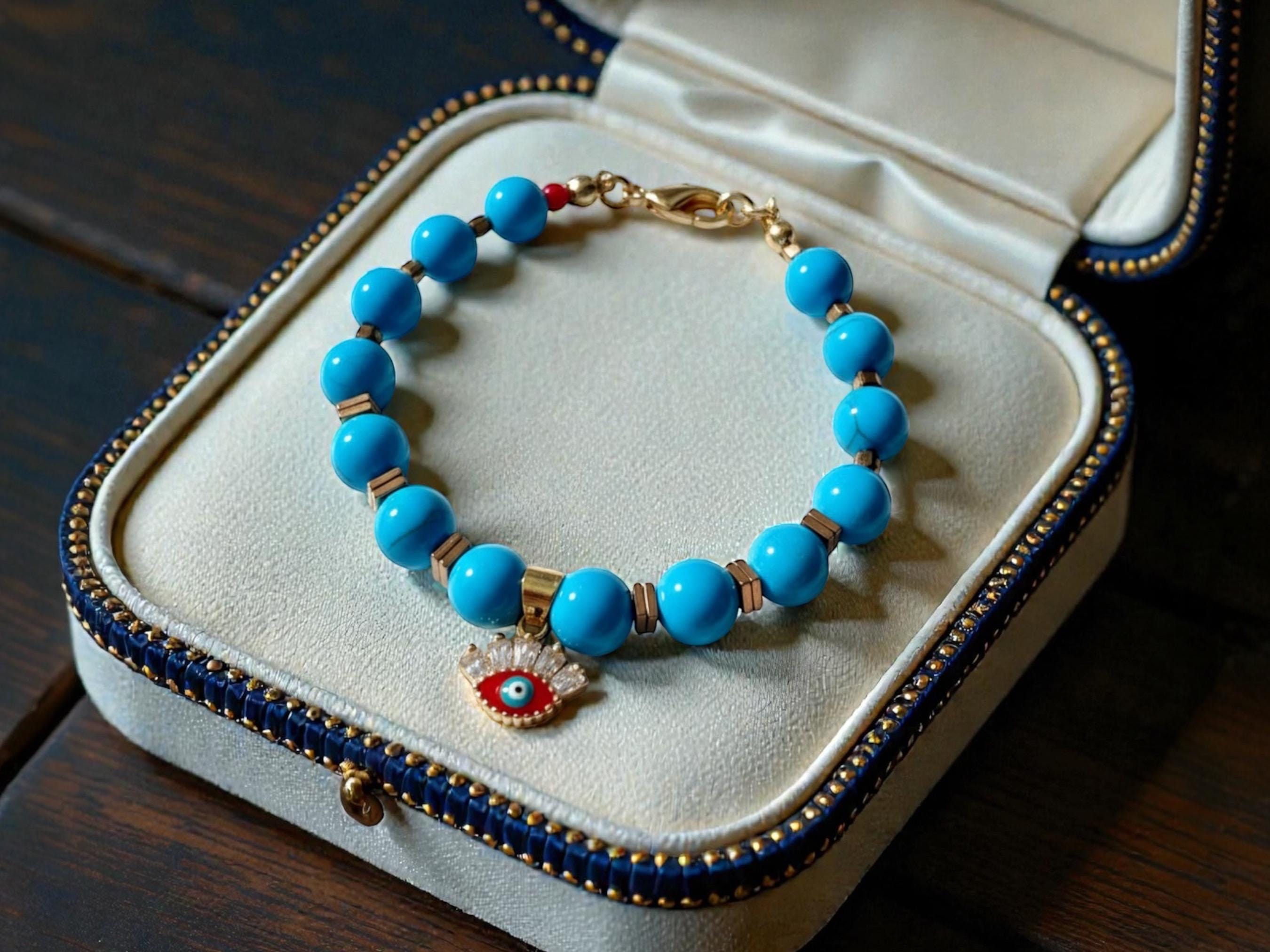 Handmade Turquoise Bead Bracelet with Evil Eye CZ Charm, Protection Jewelry
