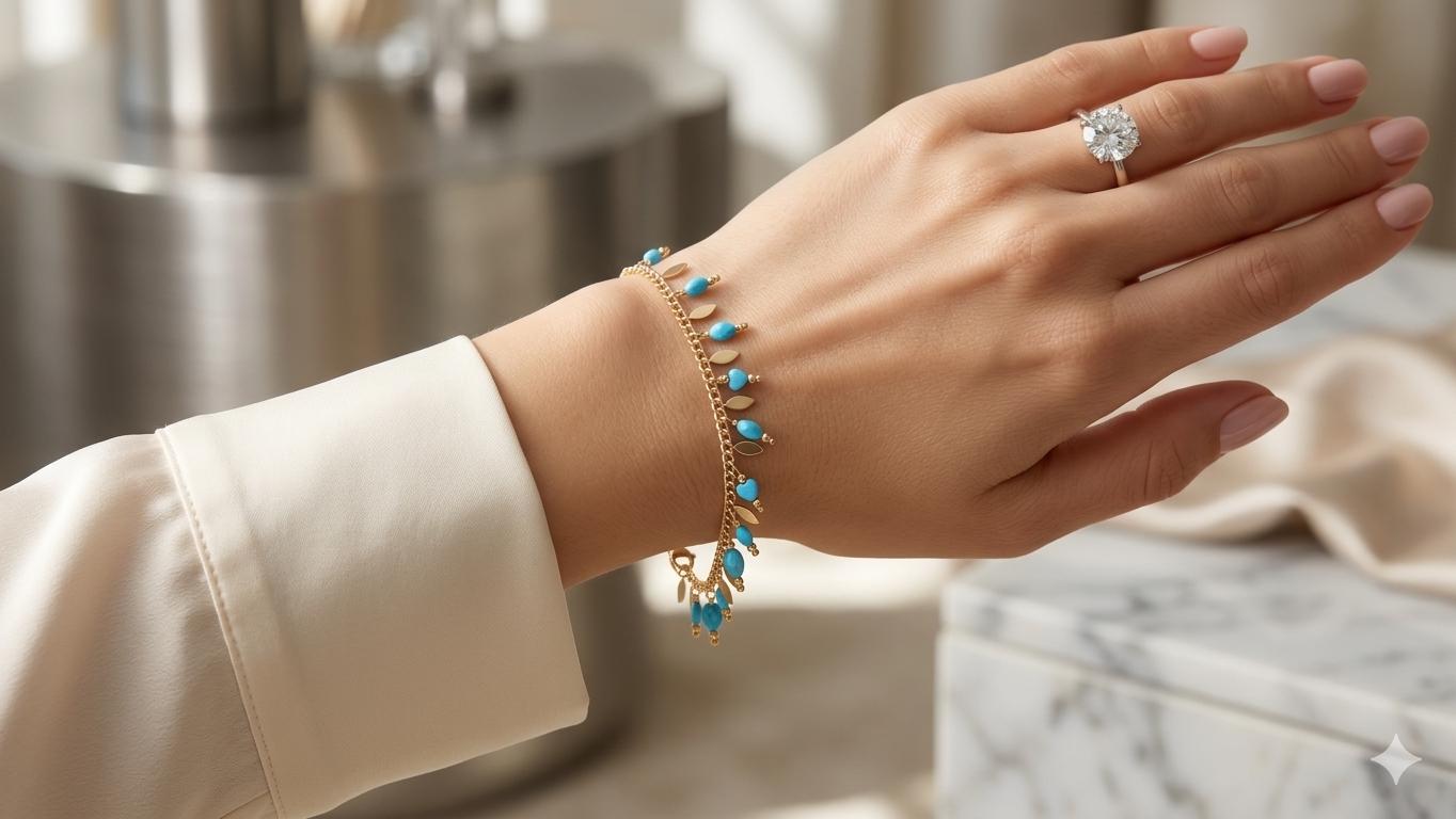 14k Gold Plated Blue Turquoise Dangle Boho Fringe Bracelet