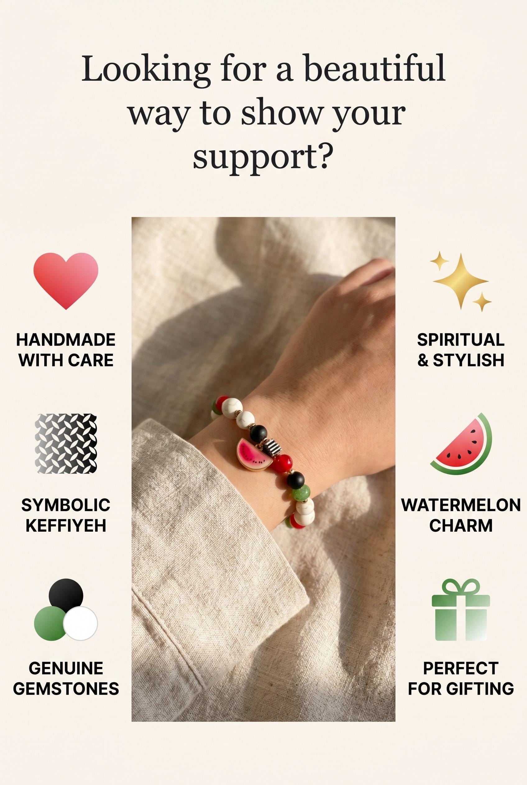Palestinian Watermelon Charm Keffiyeh Stretch Bracelet — view 3