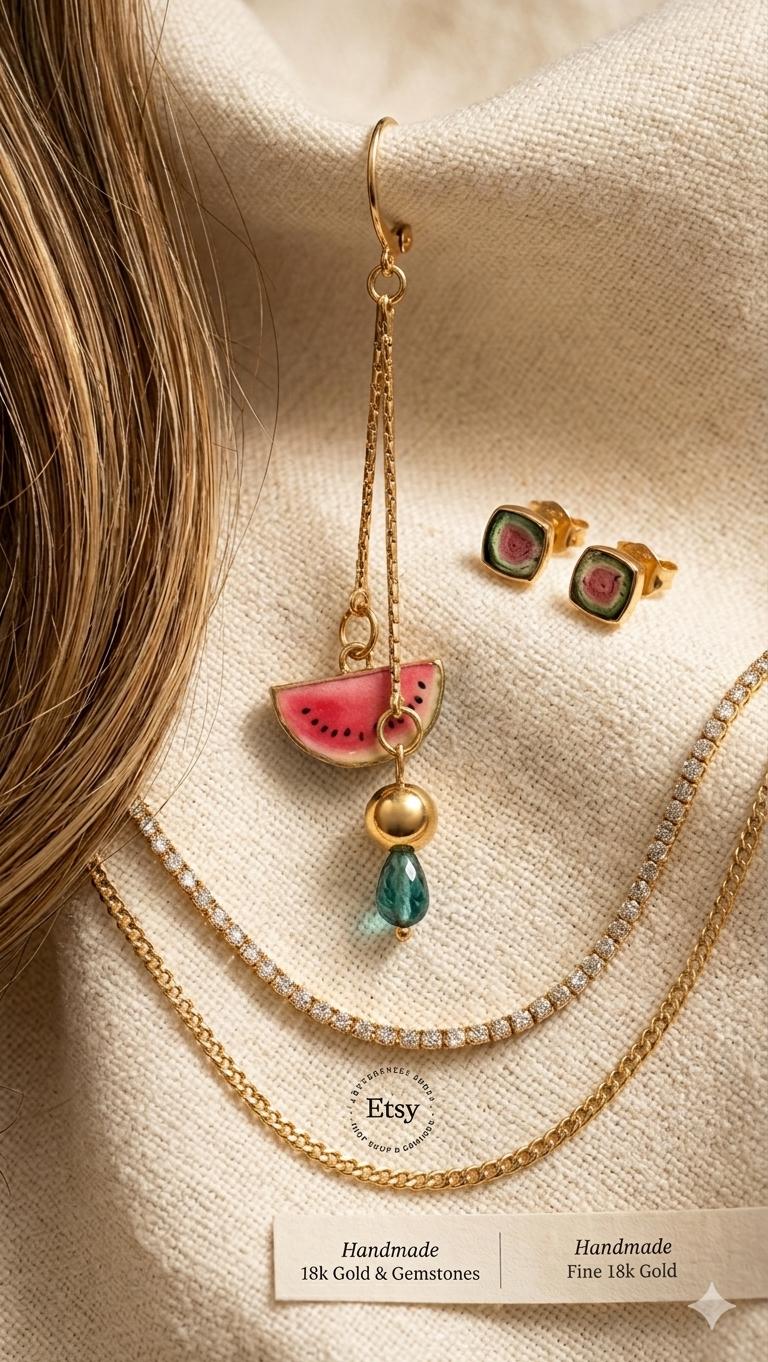 Handmade Watermelon Slice Dangle Earrings, Gold Fruit Jewelry, Summer Boho Drop Style — view 5