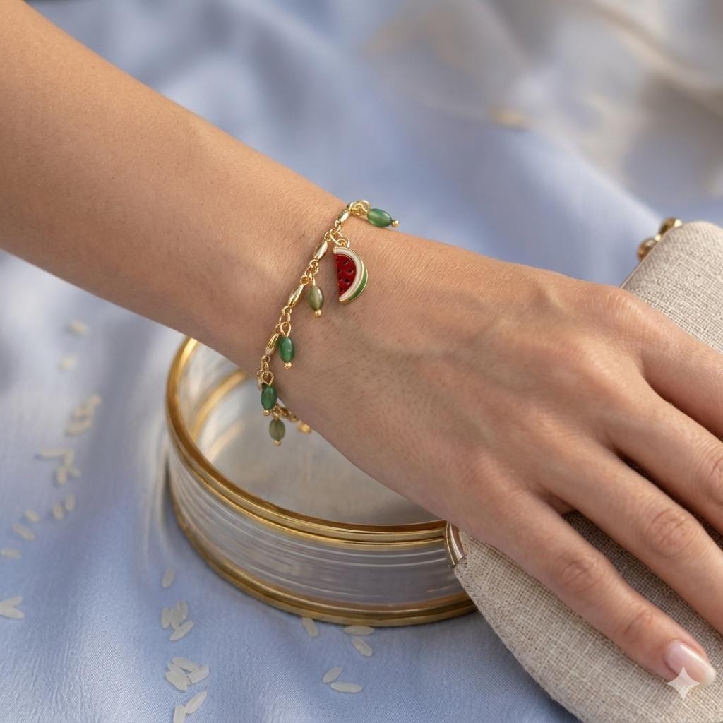 Dainty Watermelon Charm Bracelet – Green Onyx Tropical Handwear — view 2