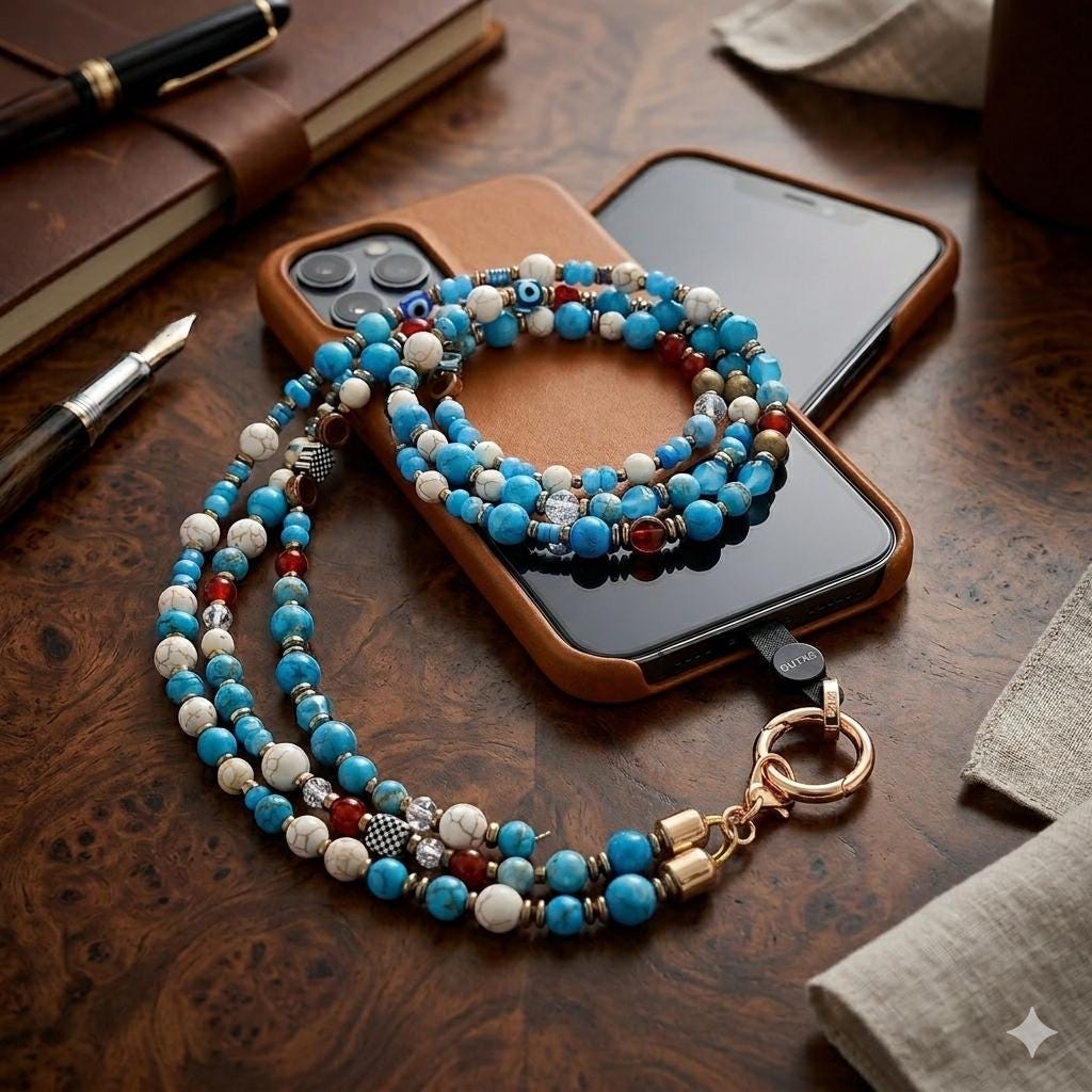 Hematite and Red Carnelian Gemstone Crossbody Lanyard for iPhone, ID Card or Badge