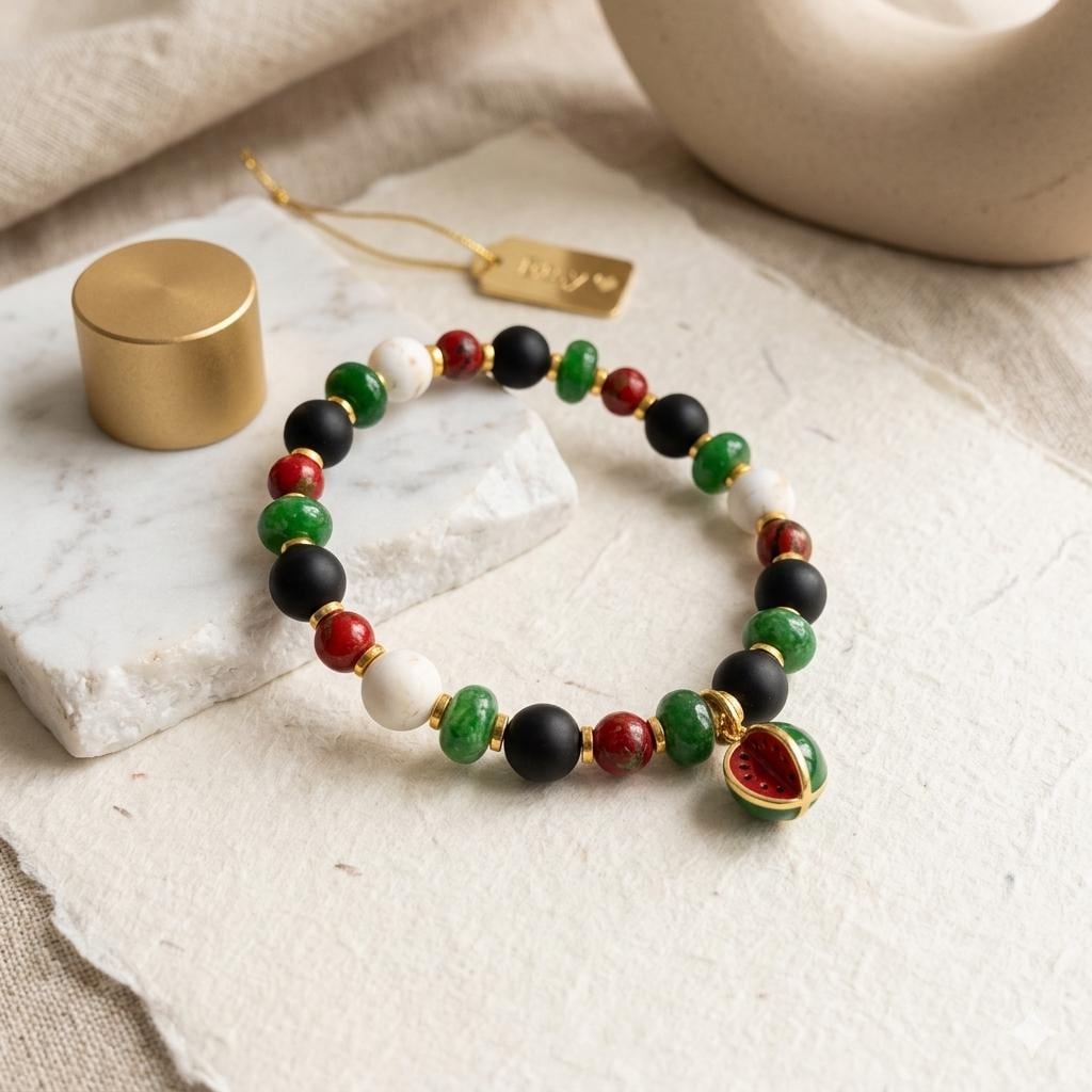 Handmade Palestinian Solidarity Bracelet with Watermelon Dangle Charm- Cultural Beaded Jewelry